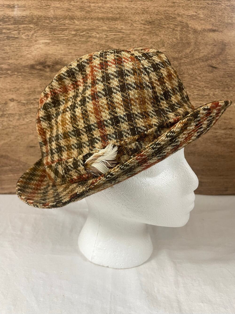 Vintage L.L. Bean Wool Tweed Fedora Hat Plaid Brown Size 7 1/4 Feather Accent